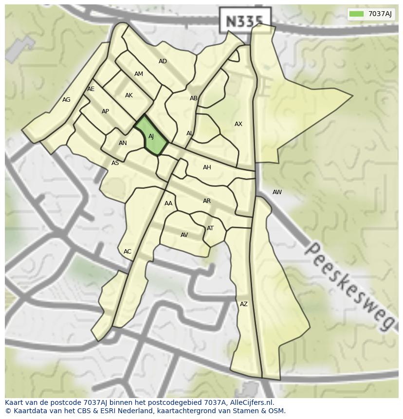 Afbeelding van het postcodegebied 7037 AJ op de kaart.