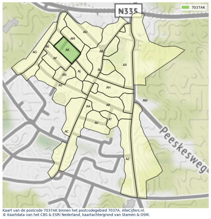 Afbeelding van het postcodegebied 7037 AK op de kaart.