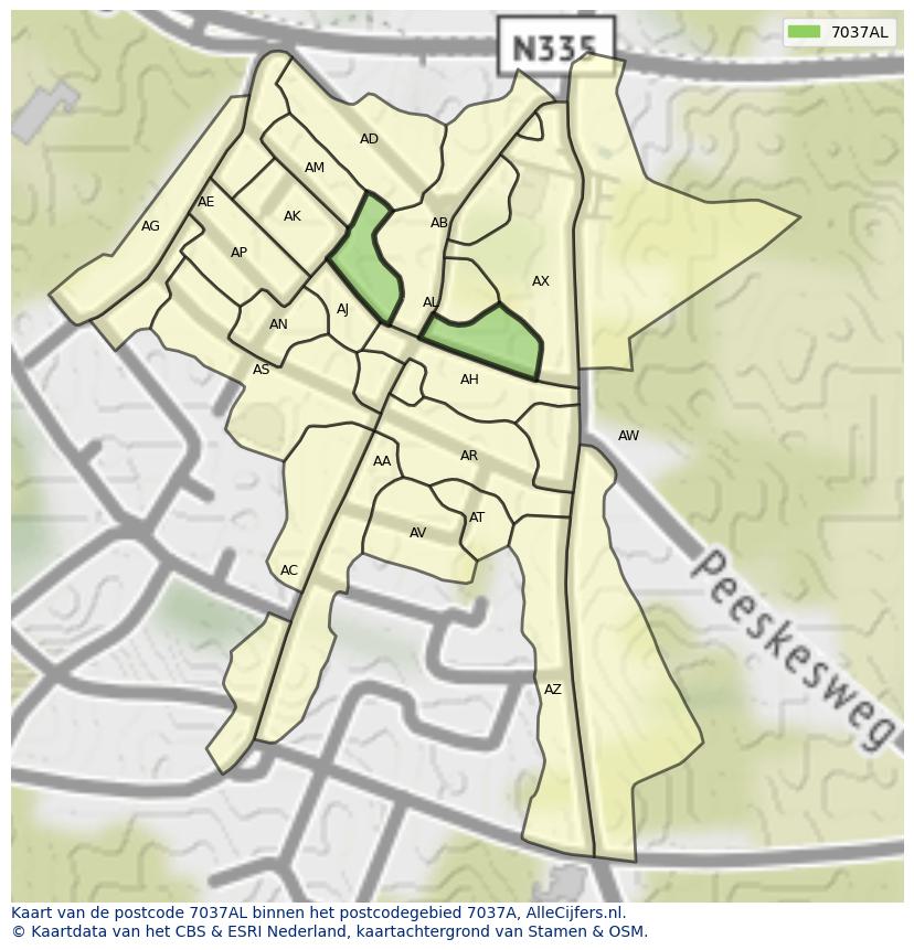 Afbeelding van het postcodegebied 7037 AL op de kaart.