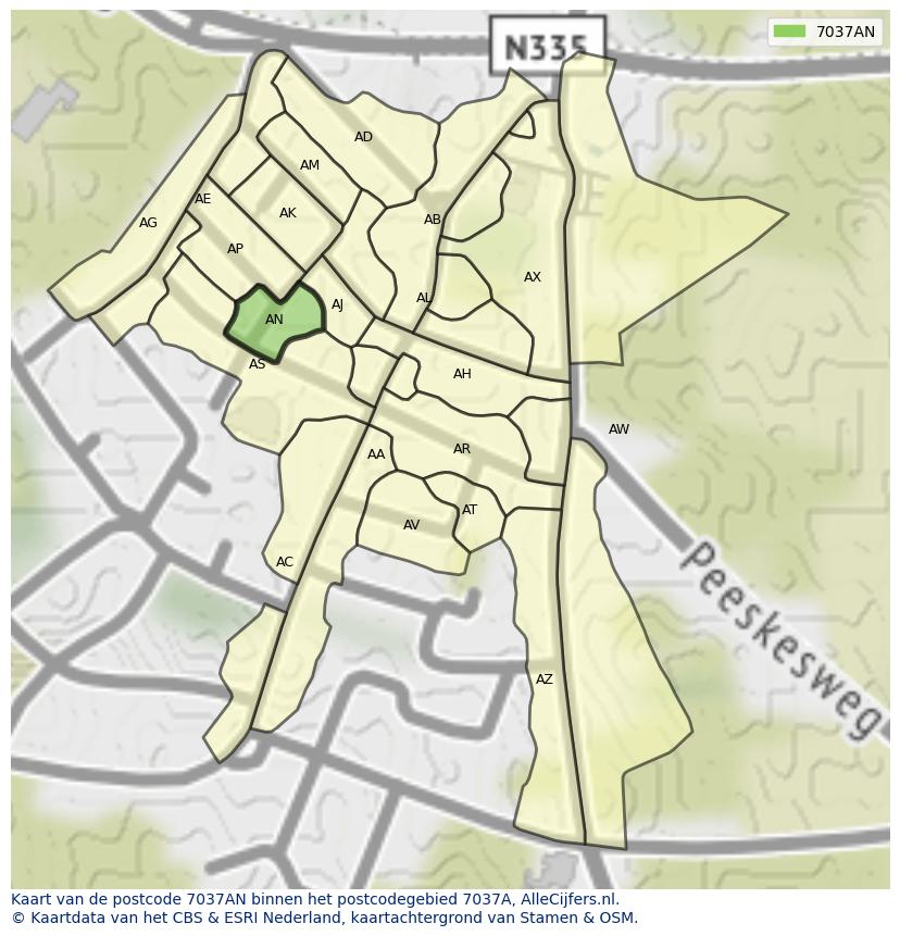 Afbeelding van het postcodegebied 7037 AN op de kaart.