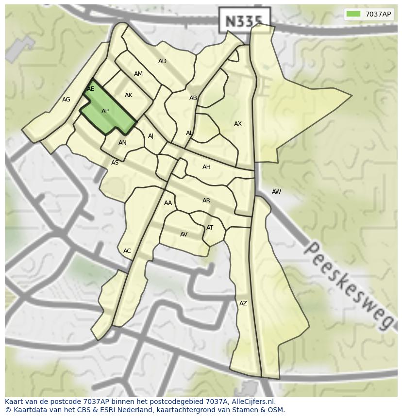 Afbeelding van het postcodegebied 7037 AP op de kaart.