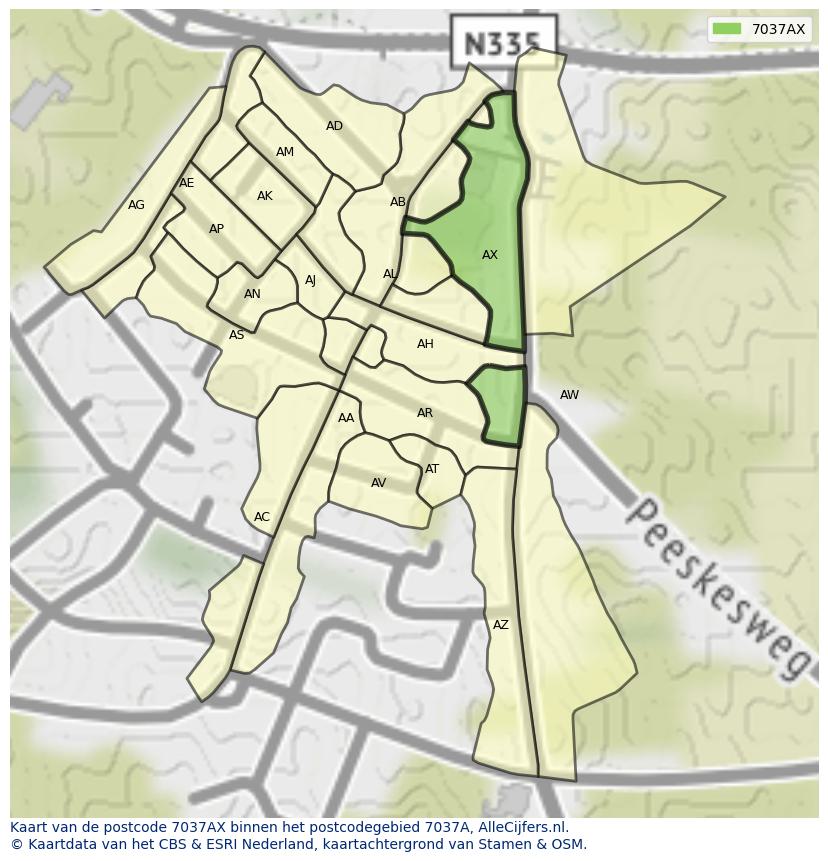 Afbeelding van het postcodegebied 7037 AX op de kaart.