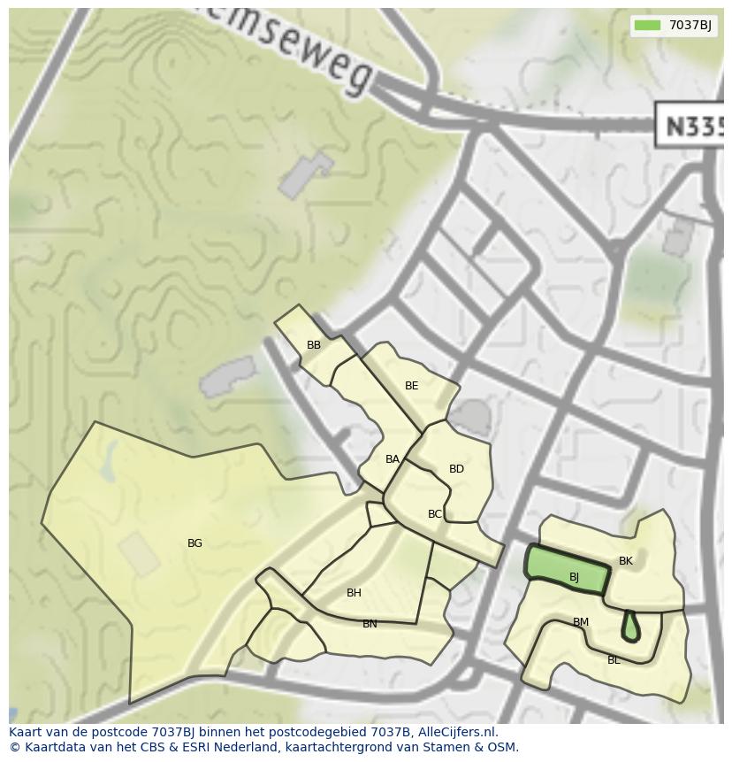 Afbeelding van het postcodegebied 7037 BJ op de kaart.