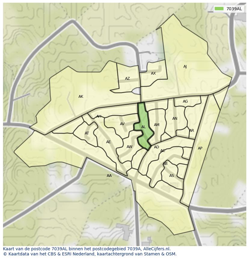 Afbeelding van het postcodegebied 7039 AL op de kaart.