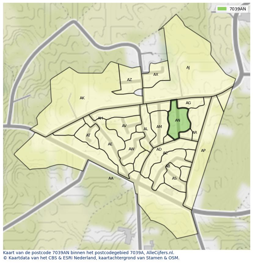 Afbeelding van het postcodegebied 7039 AN op de kaart.