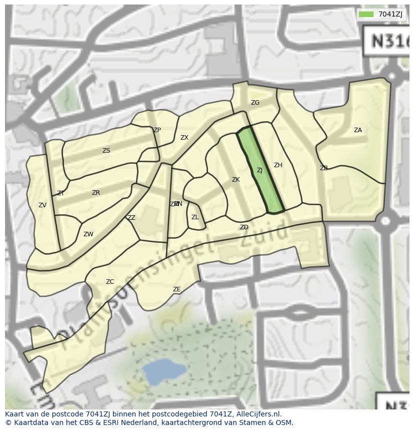 Afbeelding van het postcodegebied 7041 ZJ op de kaart.