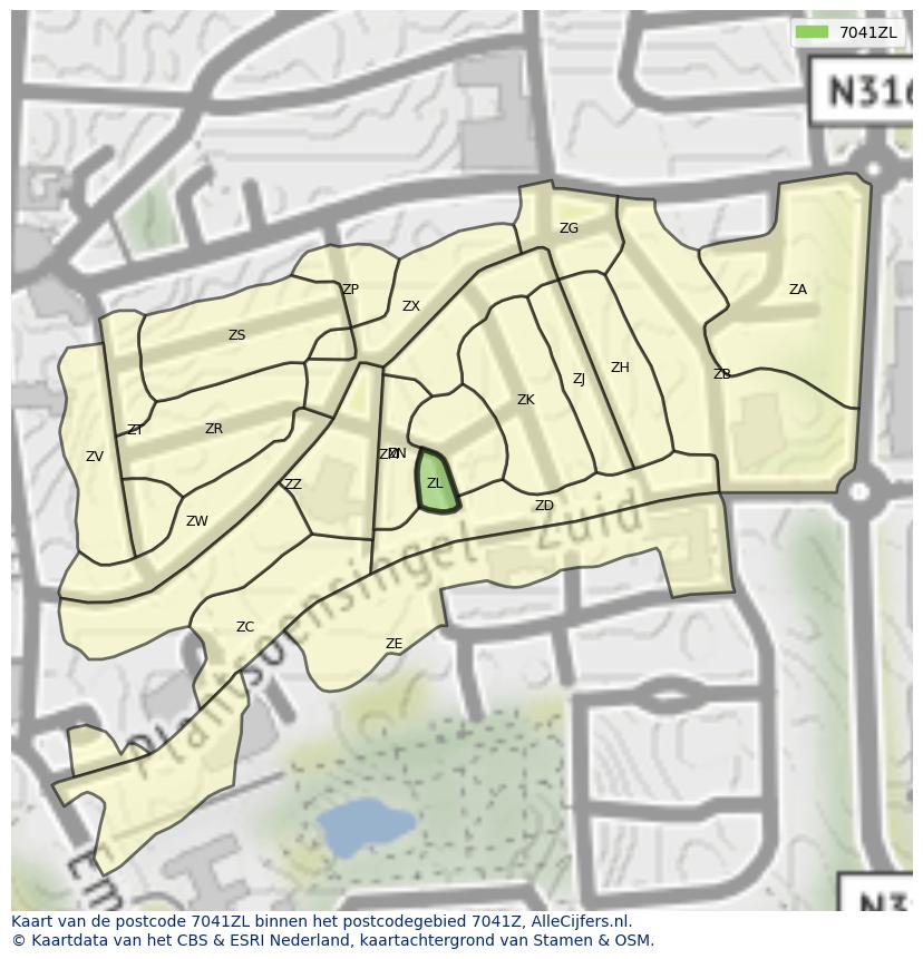 Afbeelding van het postcodegebied 7041 ZL op de kaart.