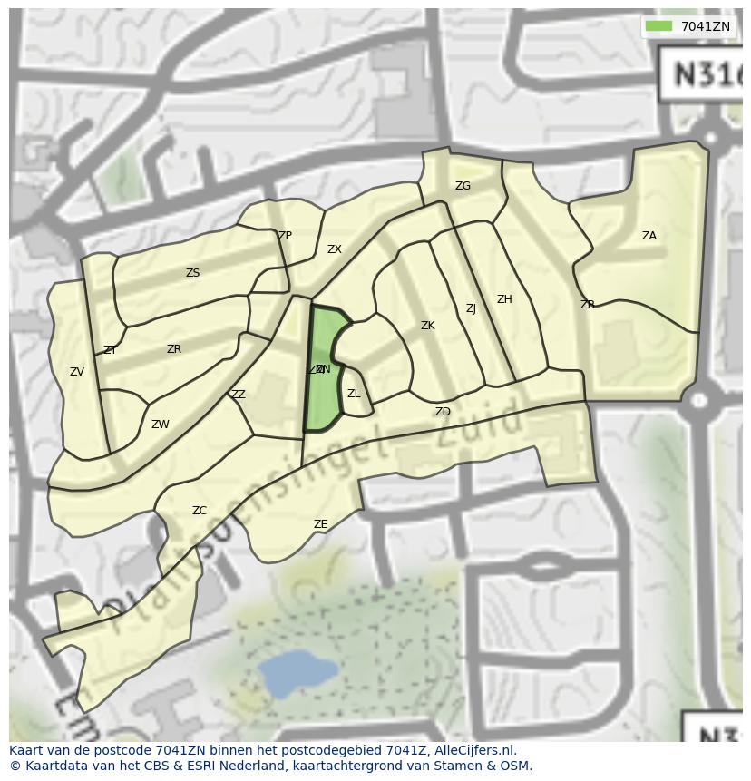 Afbeelding van het postcodegebied 7041 ZN op de kaart.