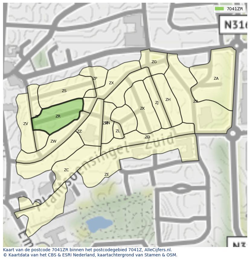 Afbeelding van het postcodegebied 7041 ZR op de kaart.