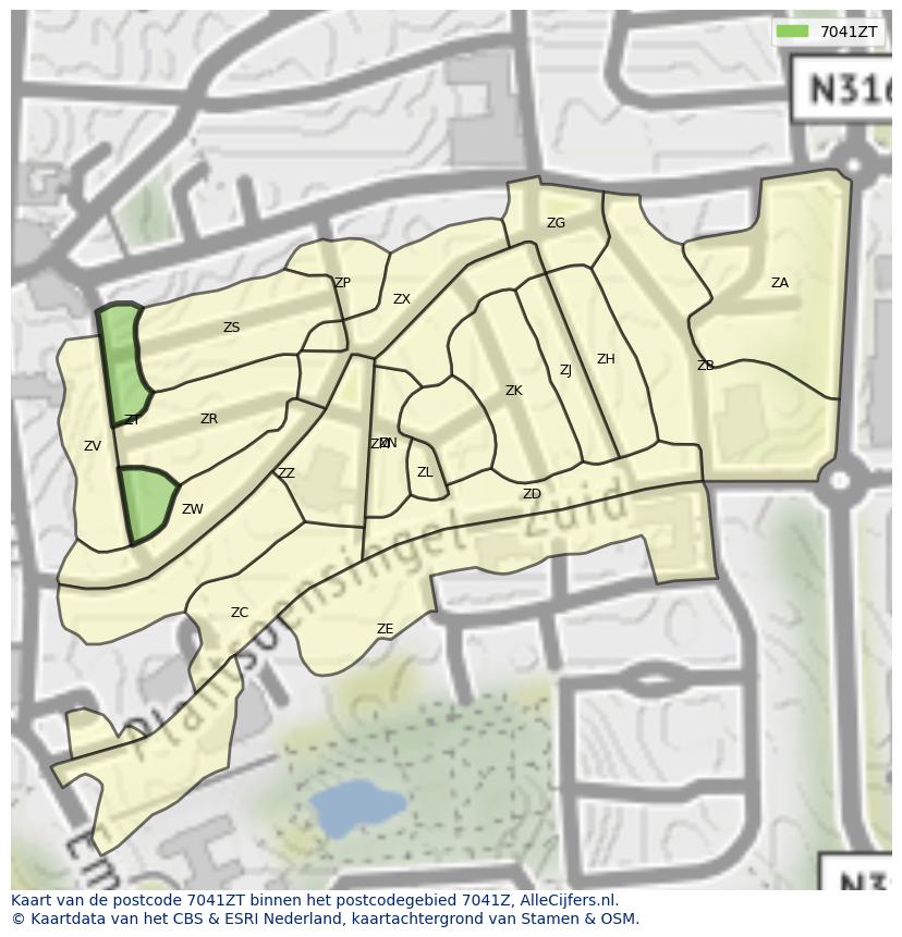 Afbeelding van het postcodegebied 7041 ZT op de kaart.