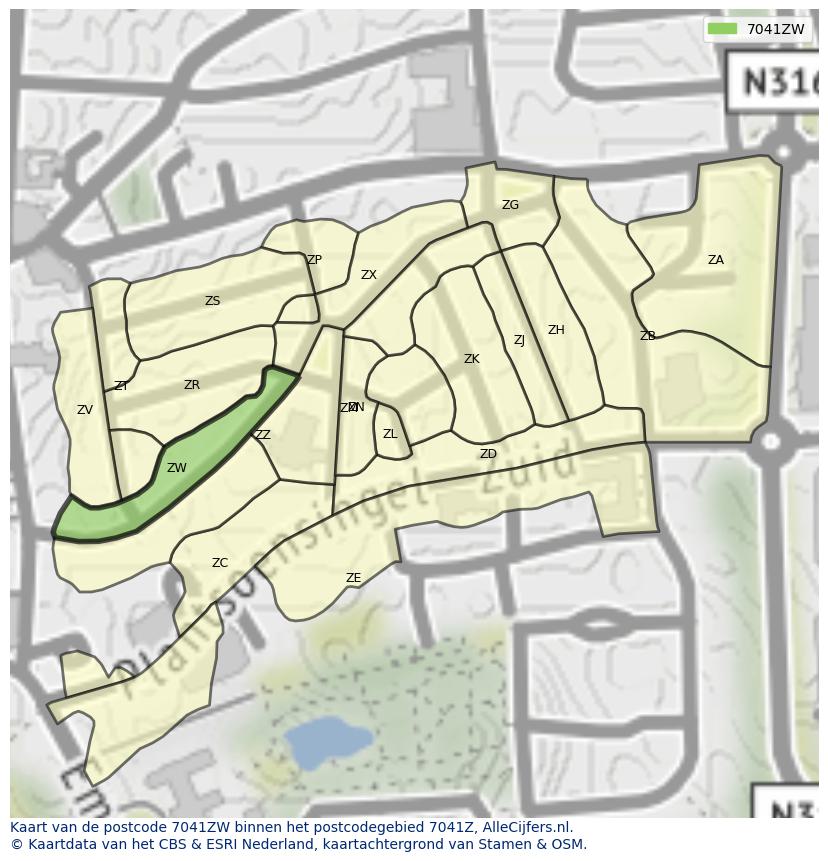 Afbeelding van het postcodegebied 7041 ZW op de kaart.