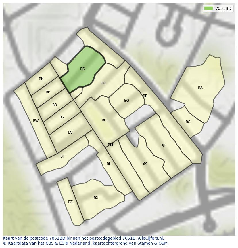Afbeelding van het postcodegebied 7051 BD op de kaart.