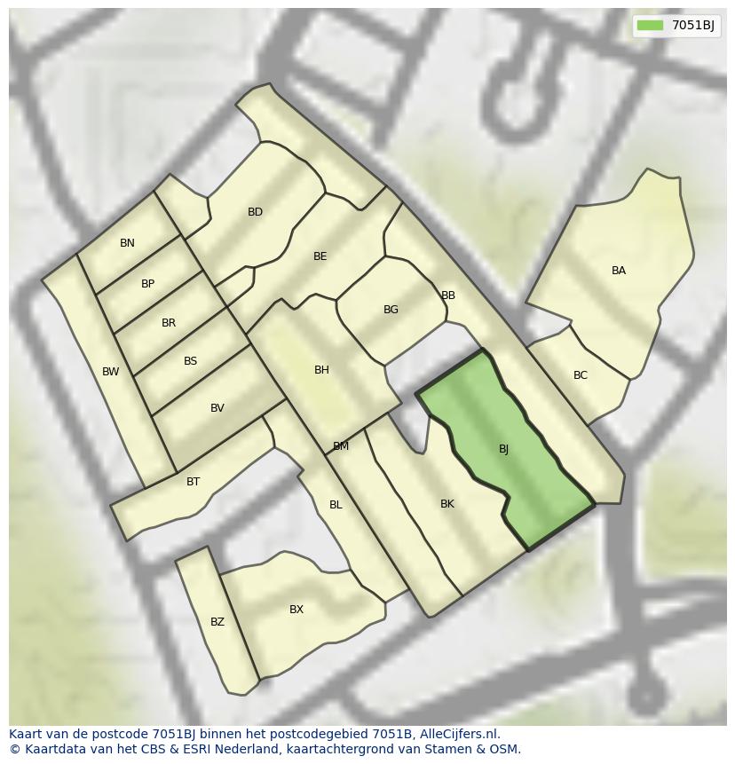 Afbeelding van het postcodegebied 7051 BJ op de kaart.