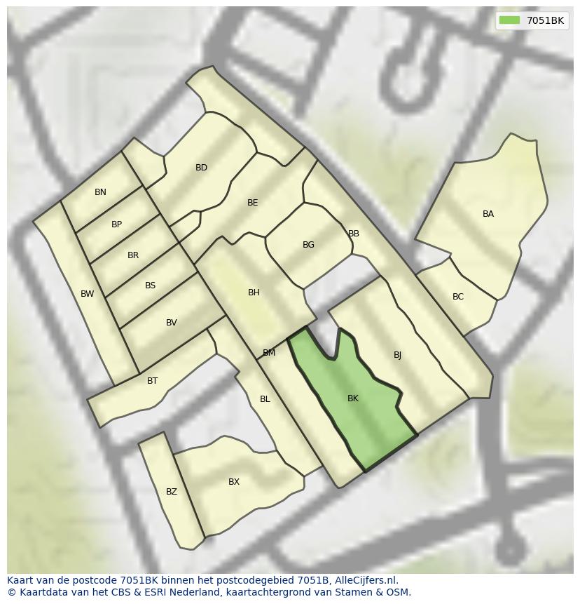 Afbeelding van het postcodegebied 7051 BK op de kaart.