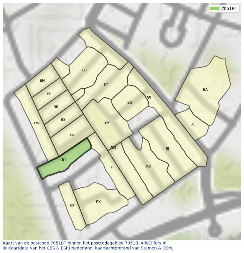 Afbeelding van het postcodegebied 7051 BT op de kaart.