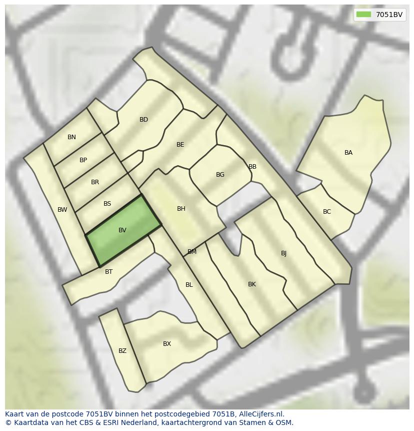 Afbeelding van het postcodegebied 7051 BV op de kaart.