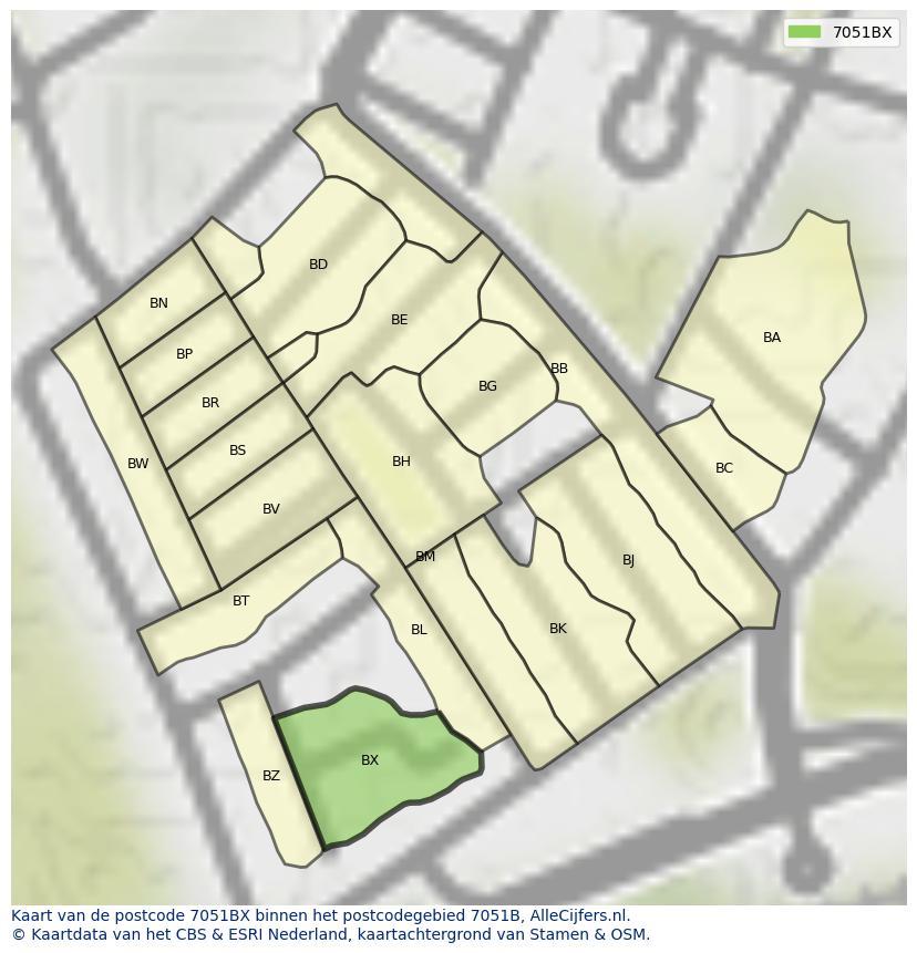 Afbeelding van het postcodegebied 7051 BX op de kaart.