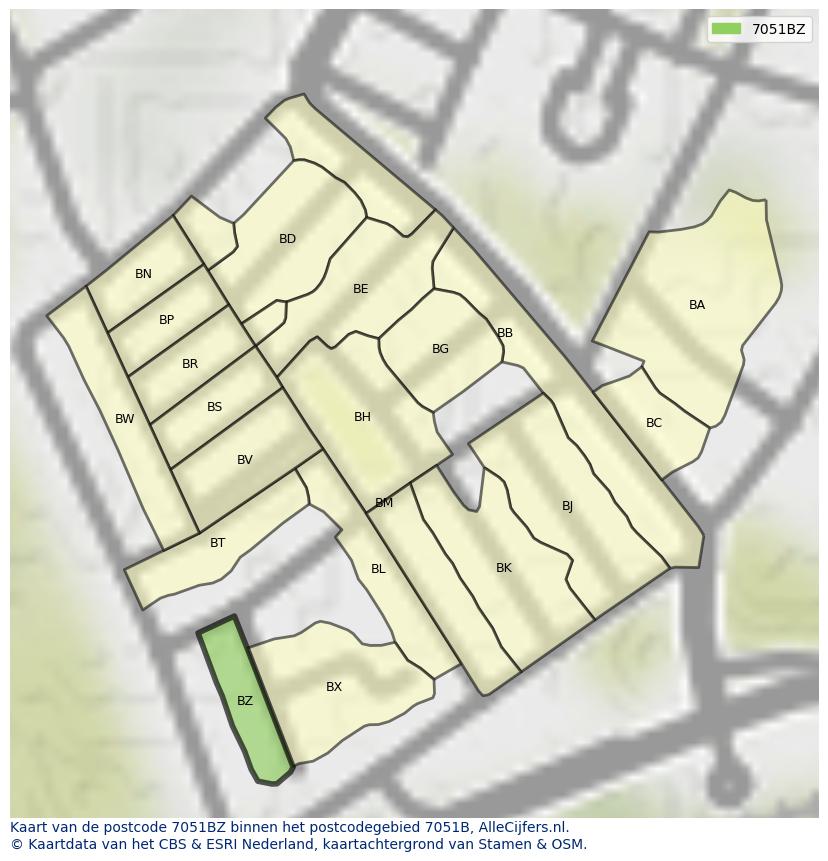 Afbeelding van het postcodegebied 7051 BZ op de kaart.
