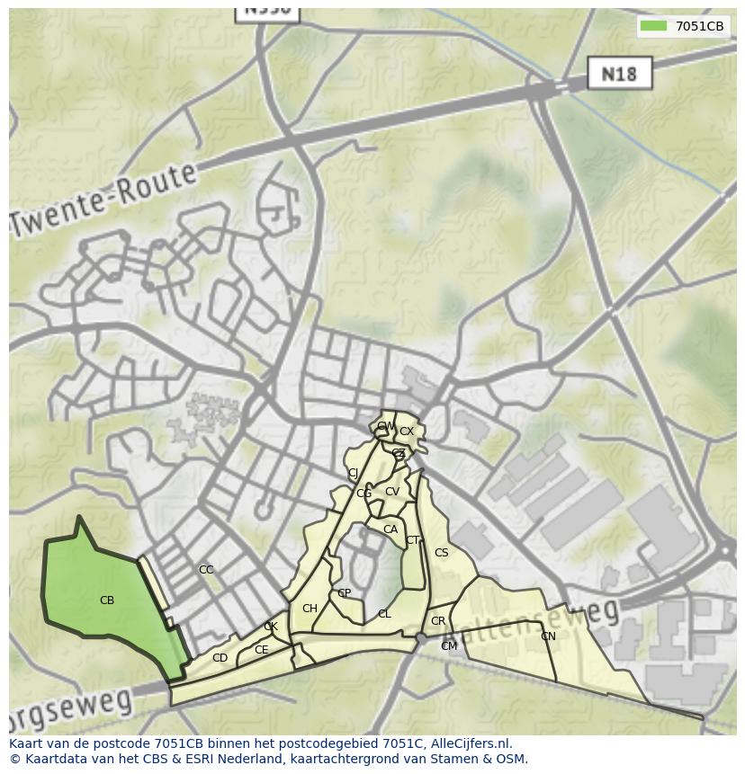 Afbeelding van het postcodegebied 7051 CB op de kaart.