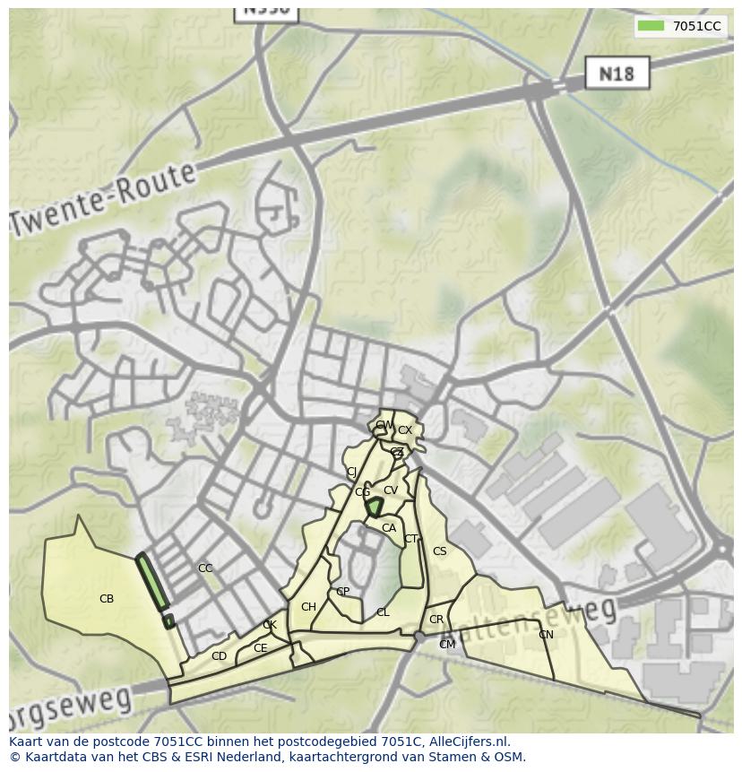 Afbeelding van het postcodegebied 7051 CC op de kaart.