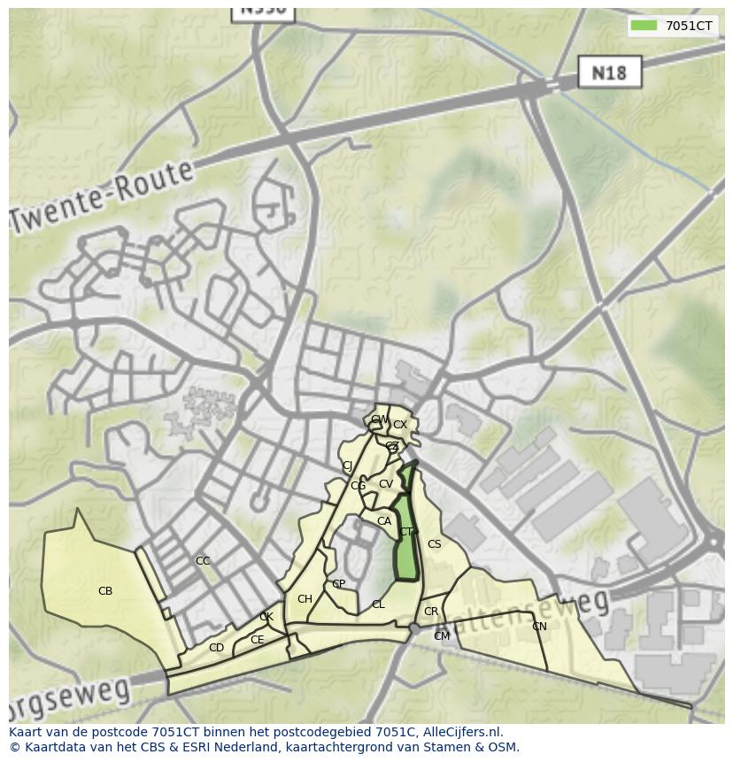 Afbeelding van het postcodegebied 7051 CT op de kaart.