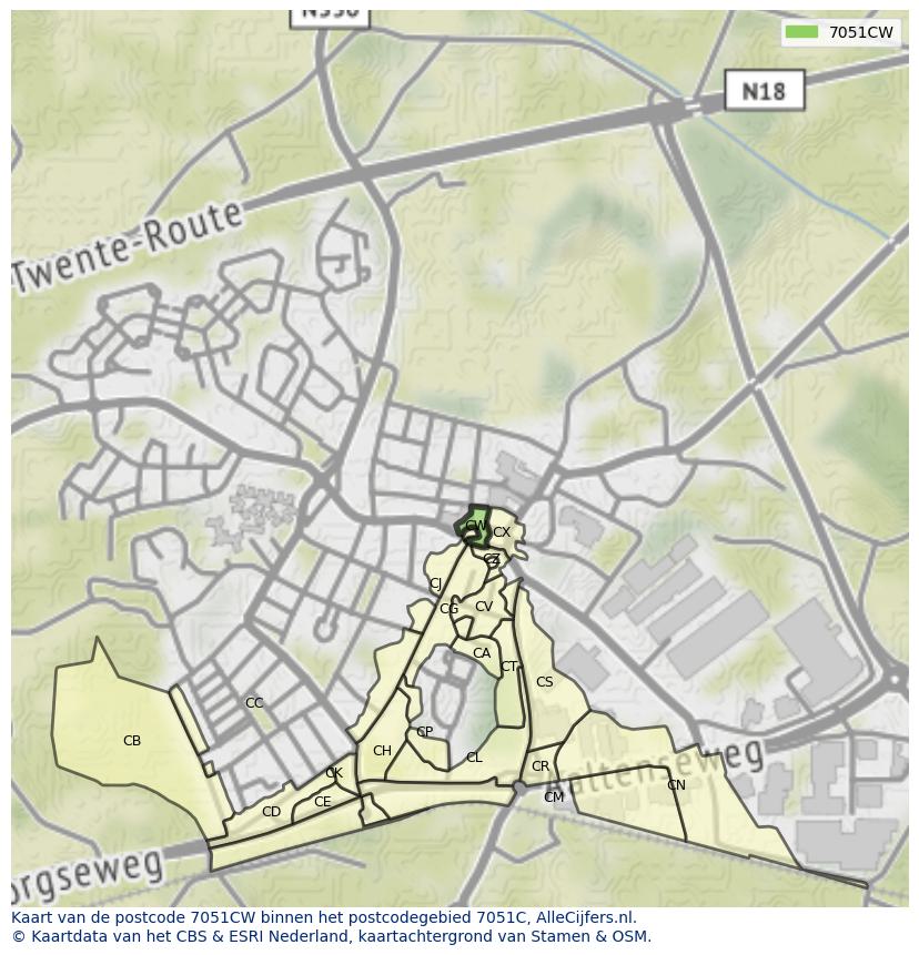Afbeelding van het postcodegebied 7051 CW op de kaart.