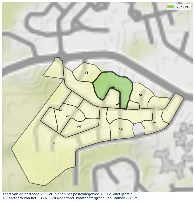 Afbeelding van het postcodegebied 7051 VD op de kaart.