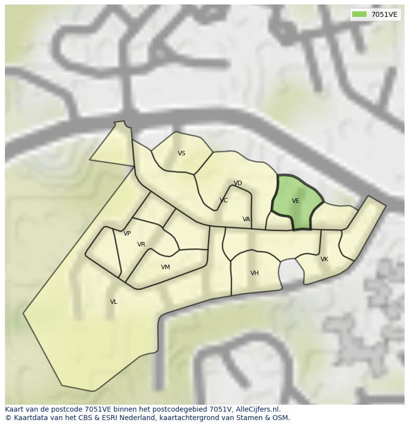 Afbeelding van het postcodegebied 7051 VE op de kaart.