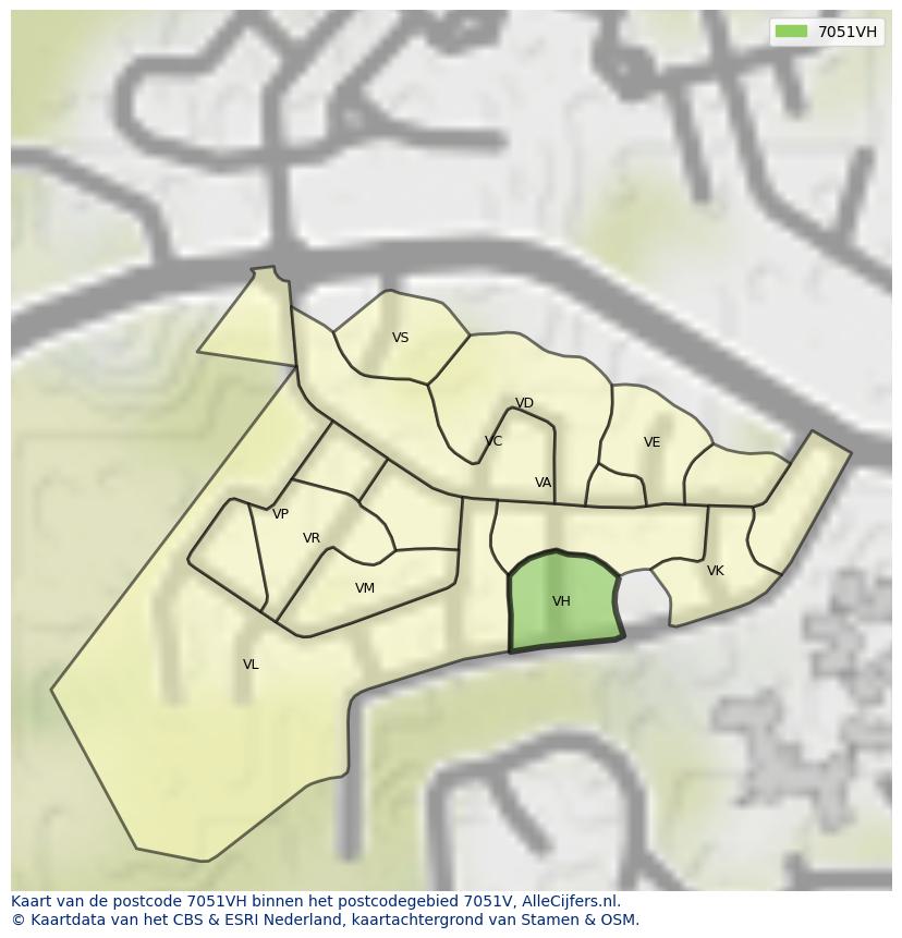 Afbeelding van het postcodegebied 7051 VH op de kaart.