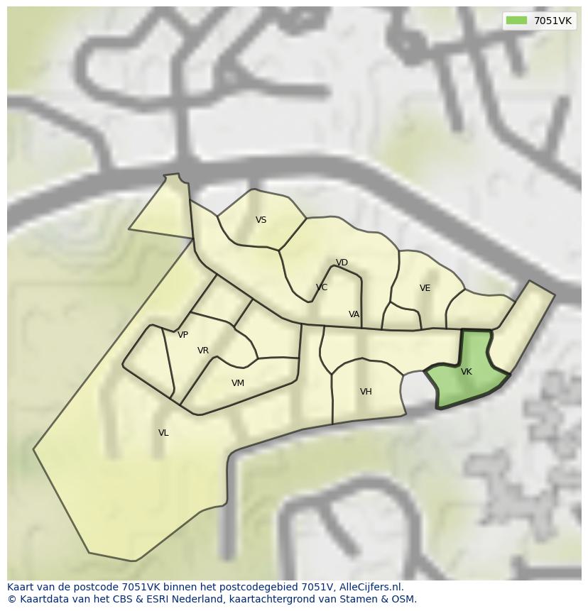 Afbeelding van het postcodegebied 7051 VK op de kaart.