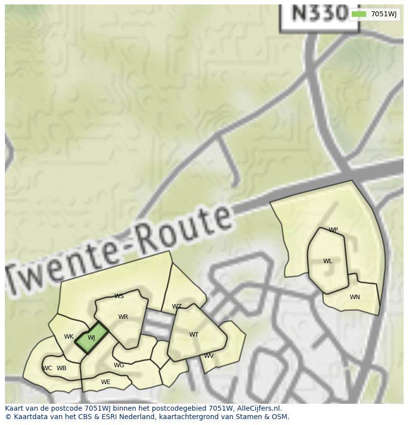 Afbeelding van het postcodegebied 7051 WJ op de kaart.
