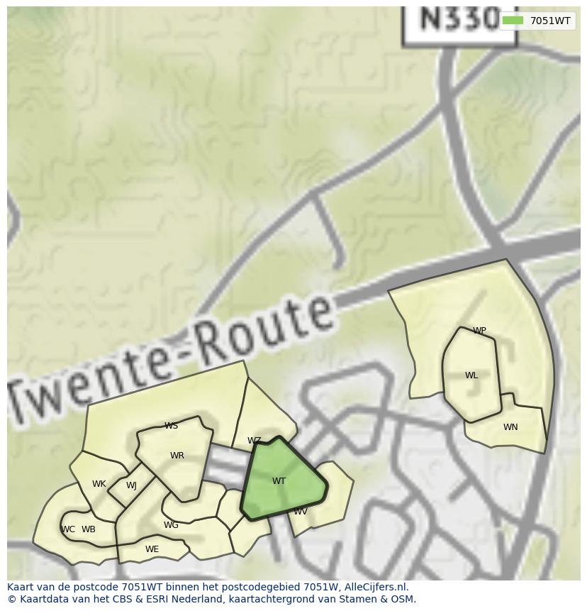 Afbeelding van het postcodegebied 7051 WT op de kaart.