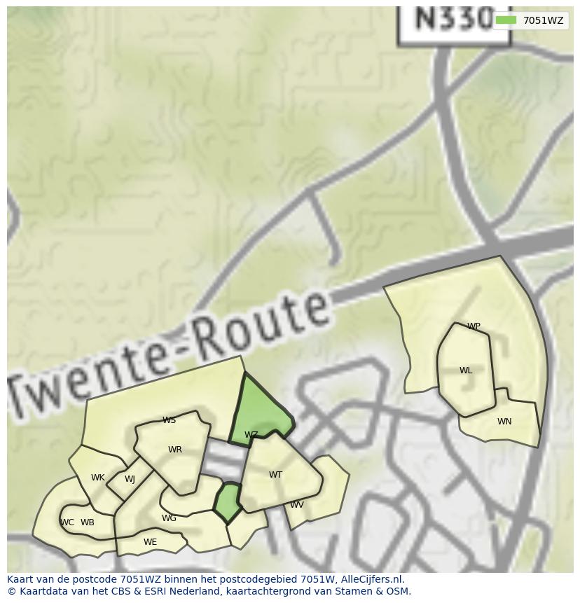 Afbeelding van het postcodegebied 7051 WZ op de kaart.