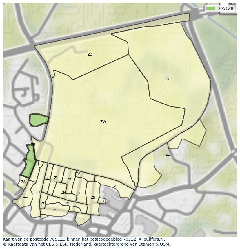 Afbeelding van het postcodegebied 7051 ZB op de kaart.