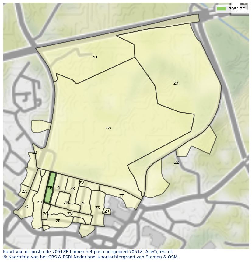 Afbeelding van het postcodegebied 7051 ZE op de kaart.