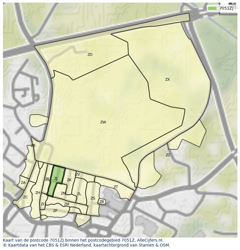 Afbeelding van het postcodegebied 7051 ZJ op de kaart.