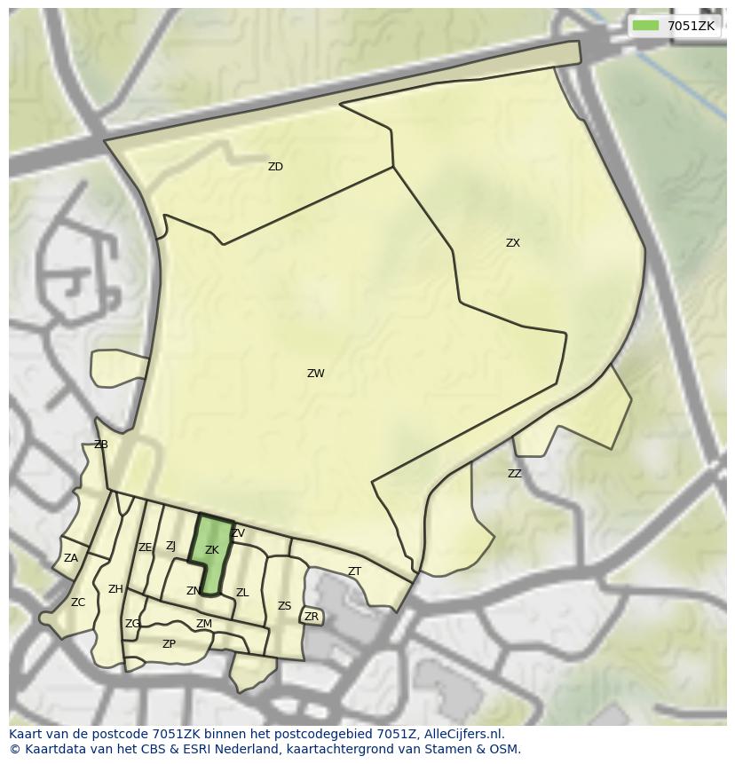 Afbeelding van het postcodegebied 7051 ZK op de kaart.