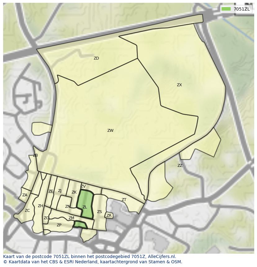 Afbeelding van het postcodegebied 7051 ZL op de kaart.