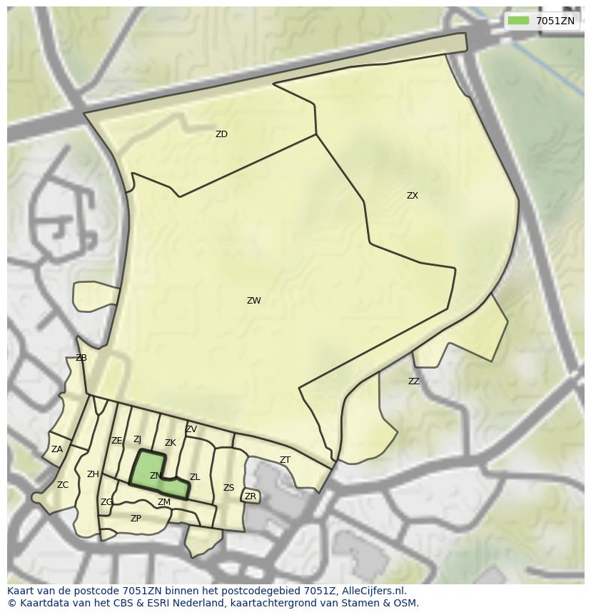 Afbeelding van het postcodegebied 7051 ZN op de kaart.