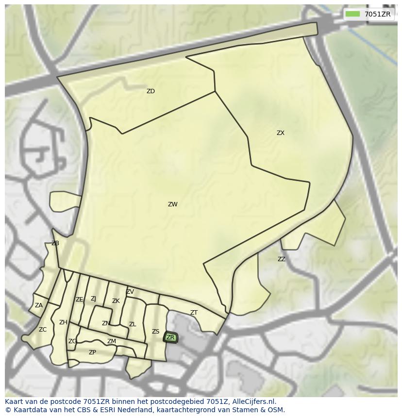 Afbeelding van het postcodegebied 7051 ZR op de kaart.