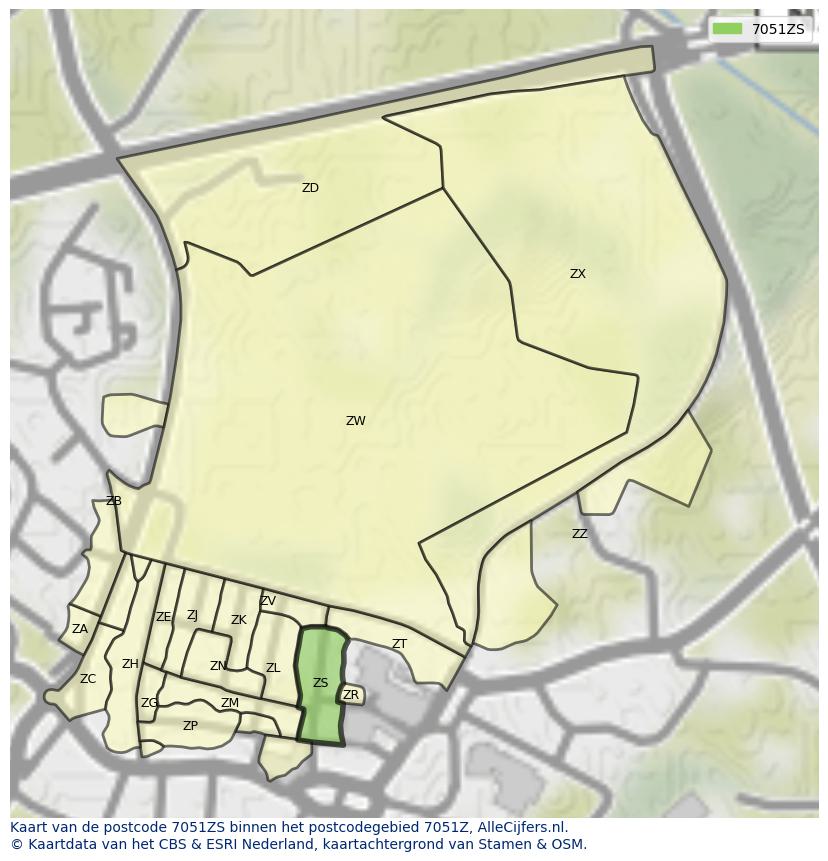 Afbeelding van het postcodegebied 7051 ZS op de kaart.