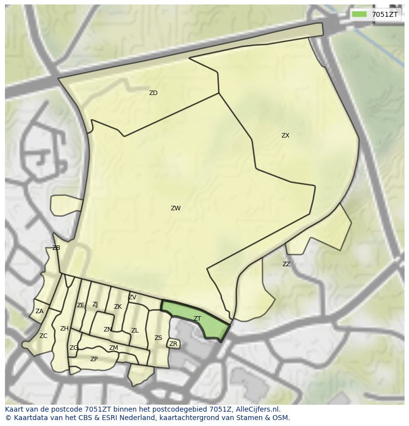 Afbeelding van het postcodegebied 7051 ZT op de kaart.