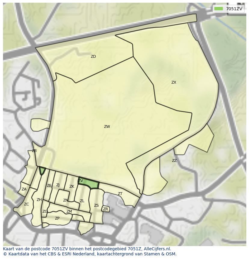 Afbeelding van het postcodegebied 7051 ZV op de kaart.