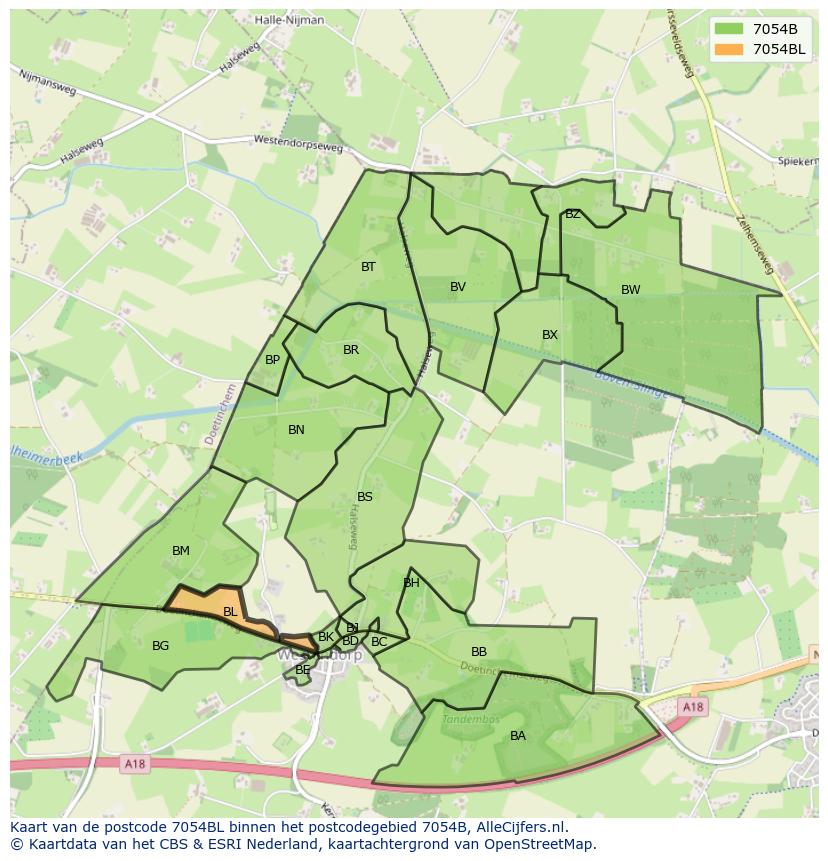 Afbeelding van het postcodegebied 7054 BL op de kaart.