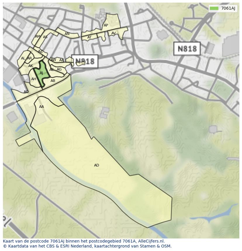 Afbeelding van het postcodegebied 7061 AJ op de kaart.