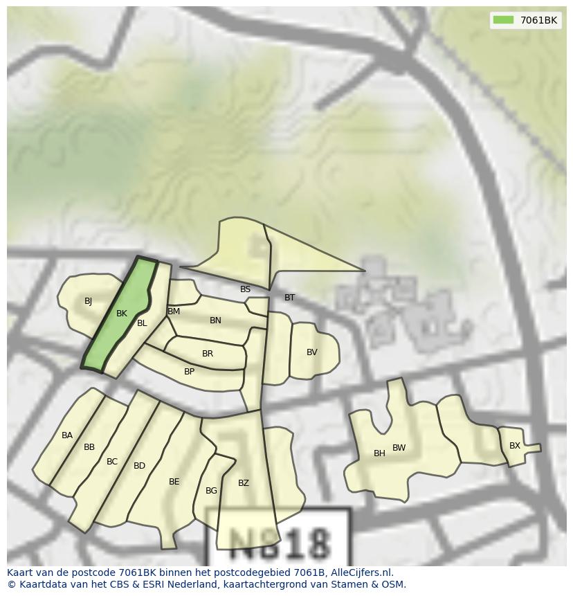 Afbeelding van het postcodegebied 7061 BK op de kaart.