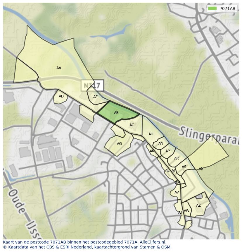 Afbeelding van het postcodegebied 7071 AB op de kaart.