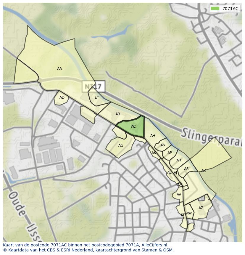 Afbeelding van het postcodegebied 7071 AC op de kaart.