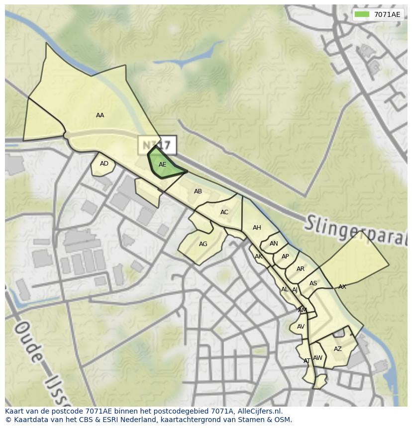 Afbeelding van het postcodegebied 7071 AE op de kaart.