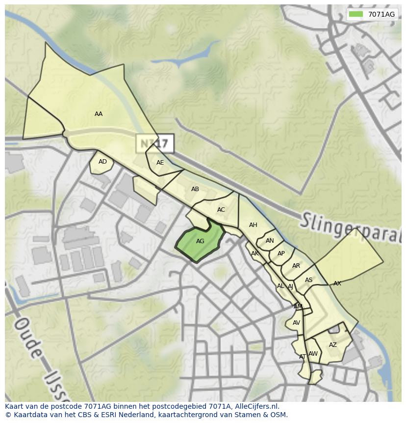 Afbeelding van het postcodegebied 7071 AG op de kaart.